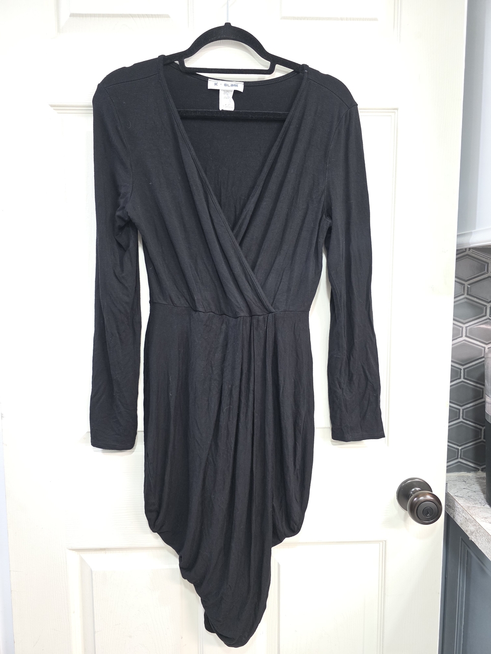 Long-Sleeve Black Asymmetrical Wrap Dress 2x RUNS VERY SMALL
